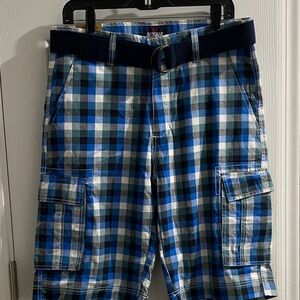 Plaid Blue Cargo Shorts with Belt